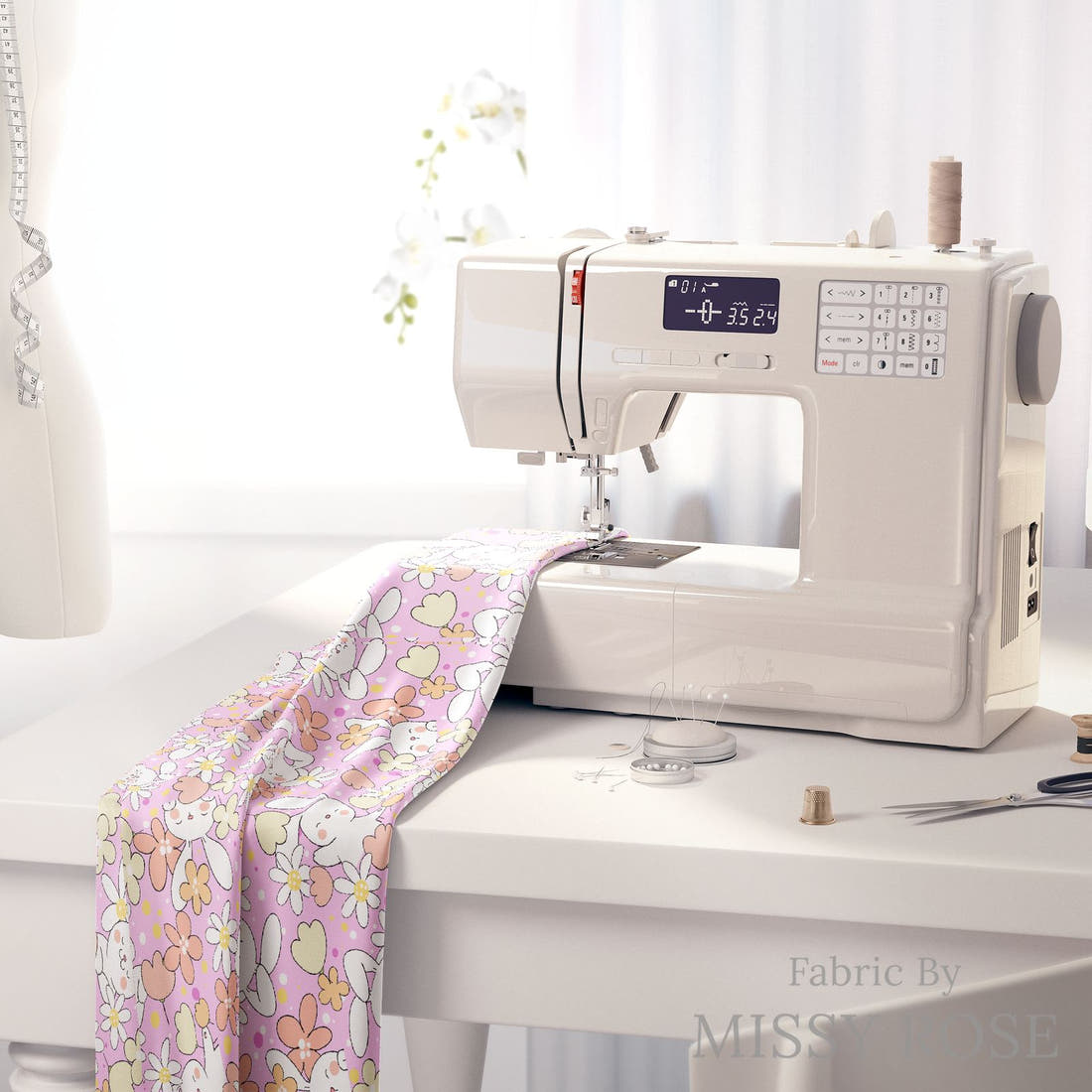Design 638 Pink Bunny Fabric on a sewing machine – premium fabric for sewing projects | Fabric by Missy Rose