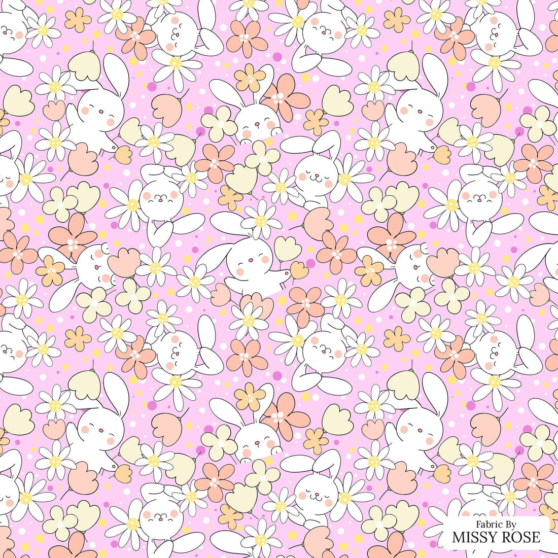Design 638 Pink Bunny Fabric - flat view of the print, zoom in for detail | Fabric by Missy Rose