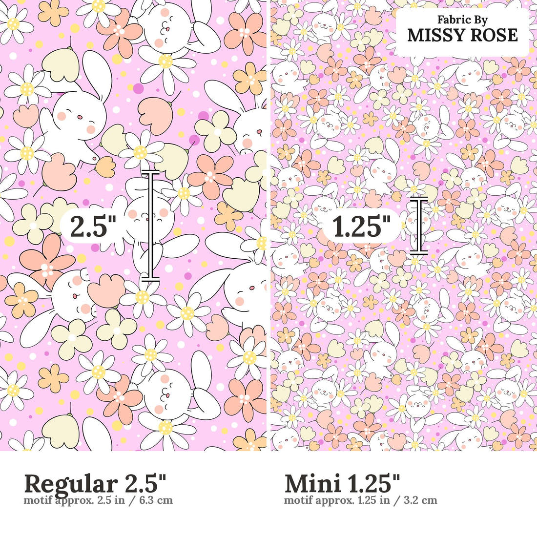 Design 638 Pink Bunny Fabric size comparison - print scale | Fabric by Missy Rose