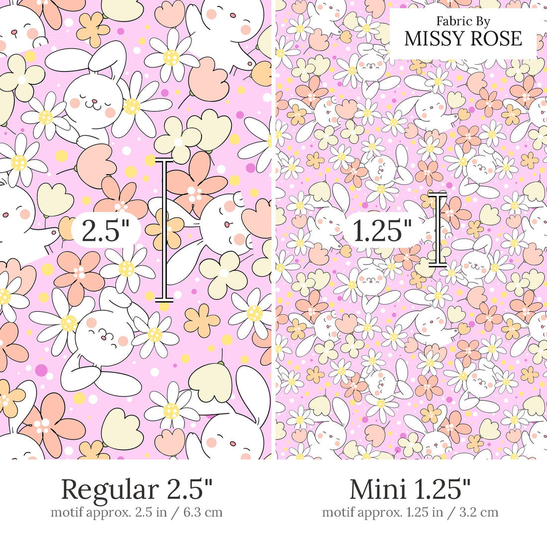 Design 638 Pink Bunny Fabric Regular 2.5 inch vs Mini 1.25 inch print scale side by side | Fabric by Missy Rose