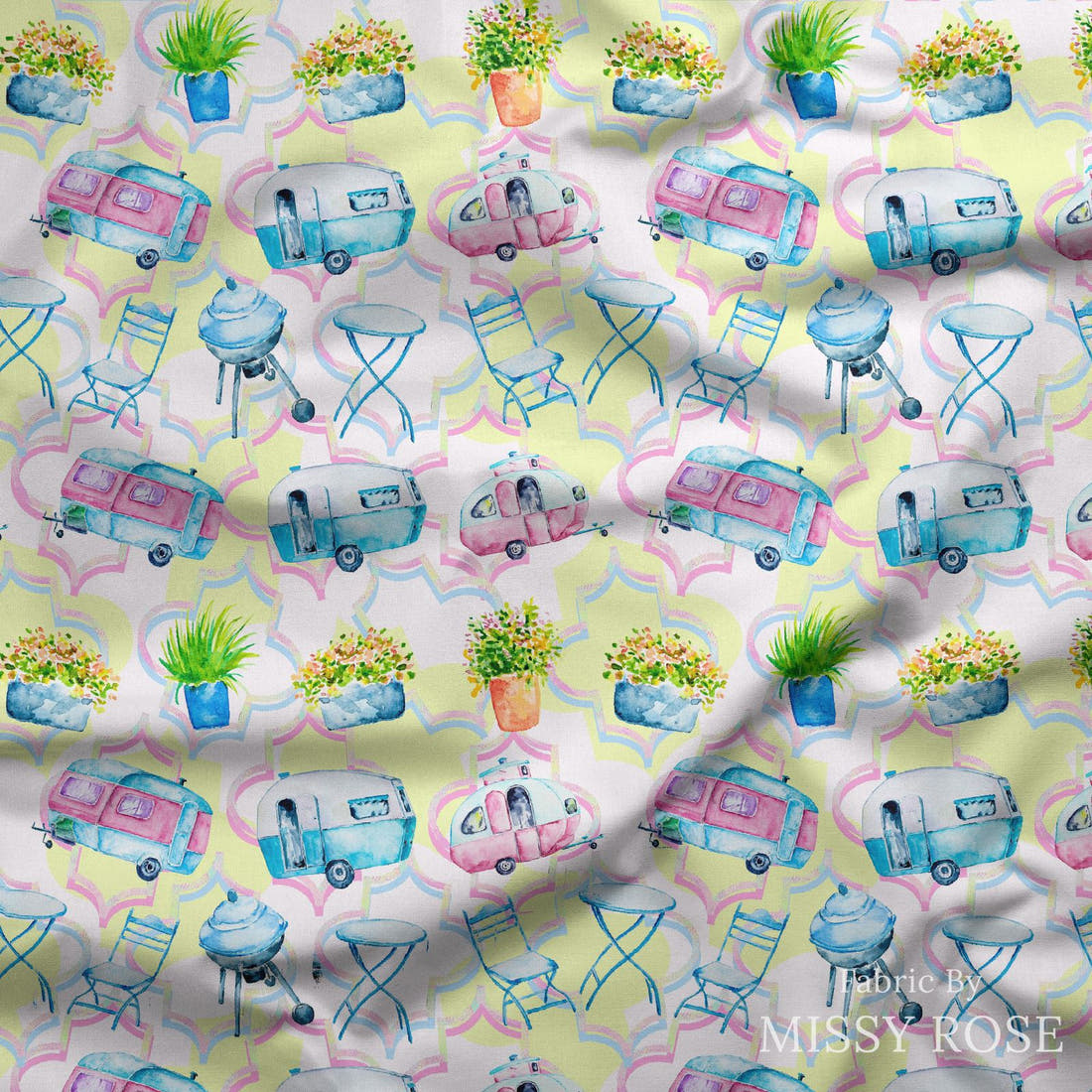 Design 639 Caravan Fabric draped fabric mockup – custom printed fabric by the metre | Fabric by Missy Rose