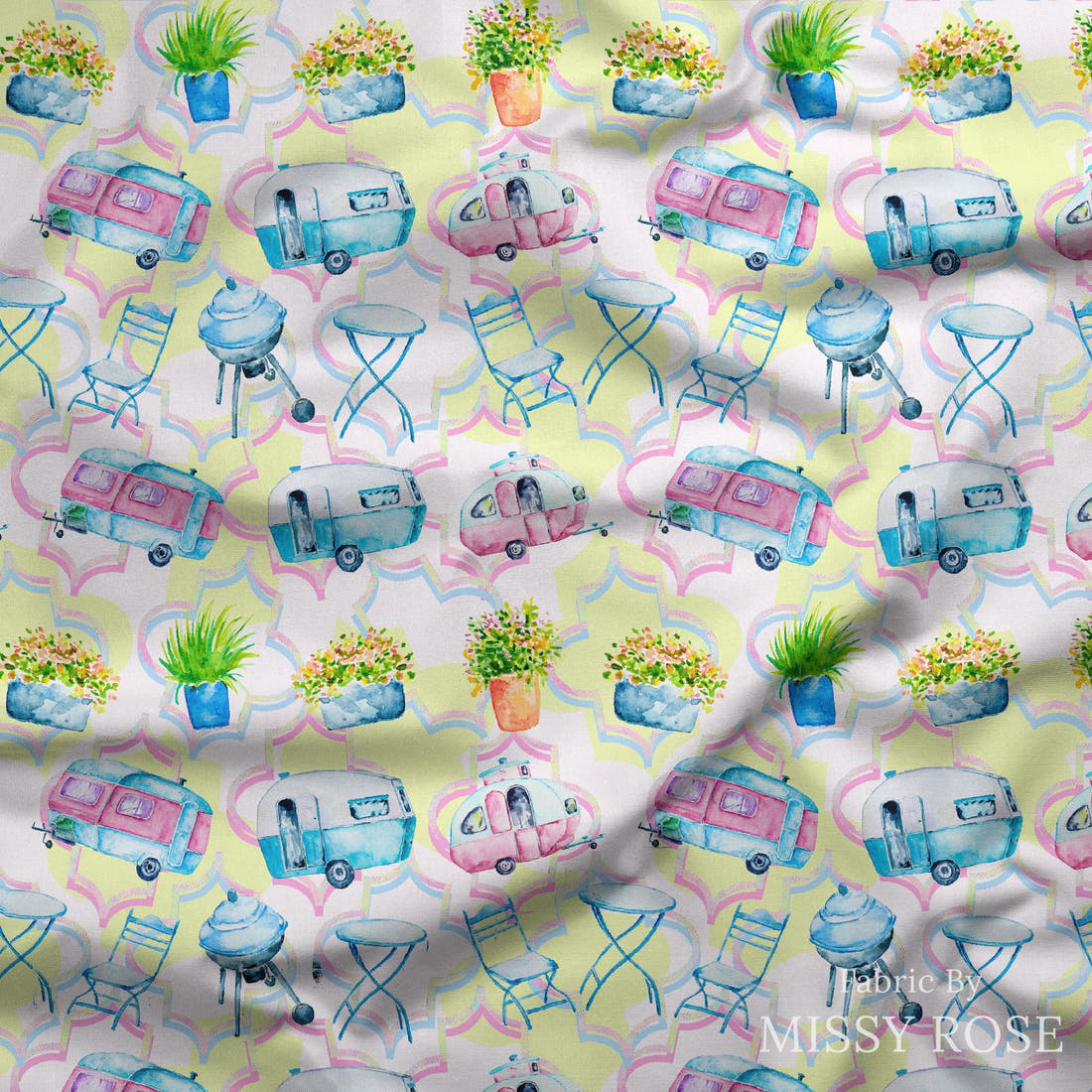 Design 639 Caravan Fabric draped fabric mockup – custom printed fabric by the metre | Fabric by Missy Rose