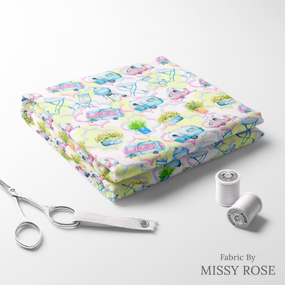 Design 639 Caravan Fabric folded fabric stack with matching thread – pre-order fabric Australia | Fabric by Missy Rose