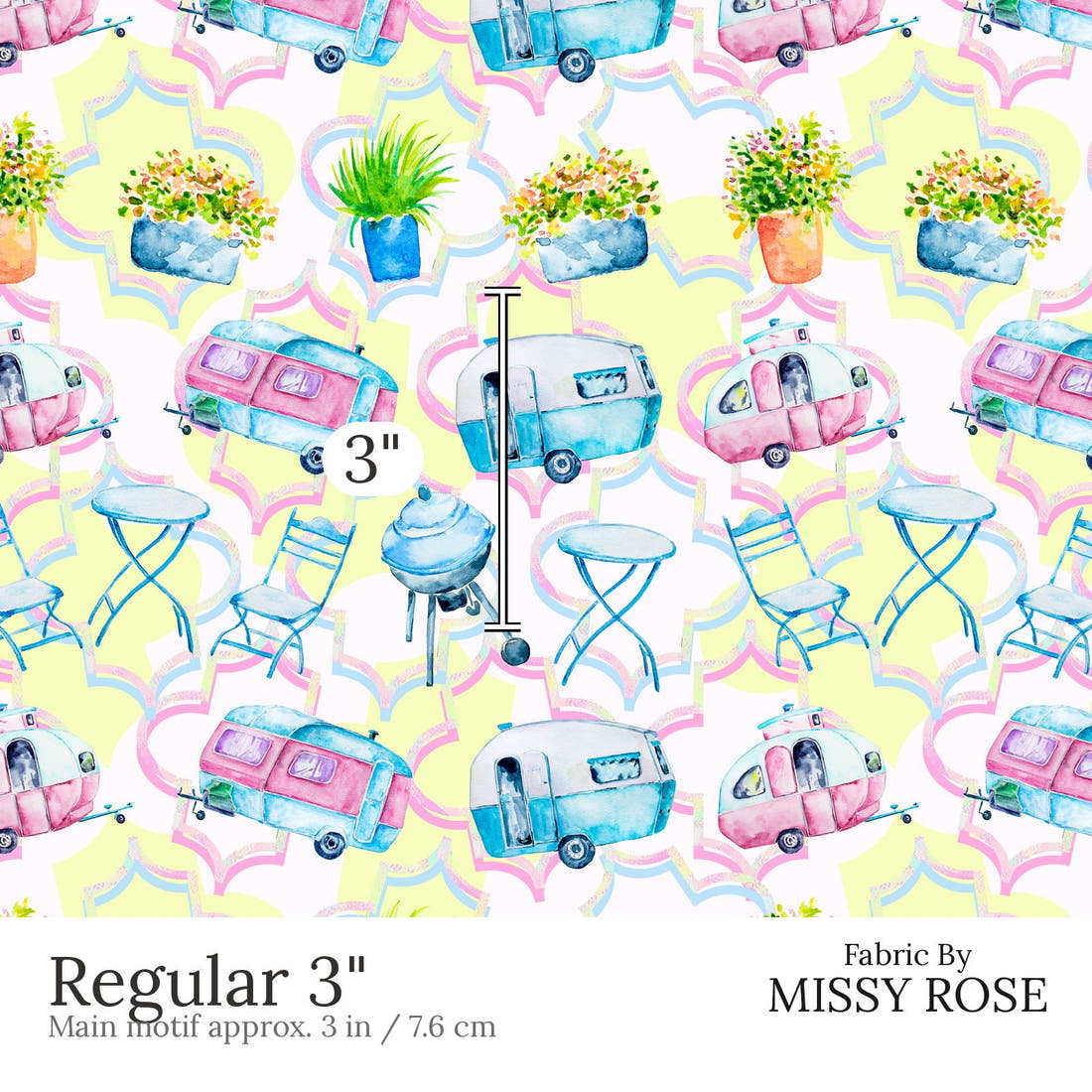 Design 639 Caravan Fabric Regular 3 inch print scale guide | Fabric by Missy Rose