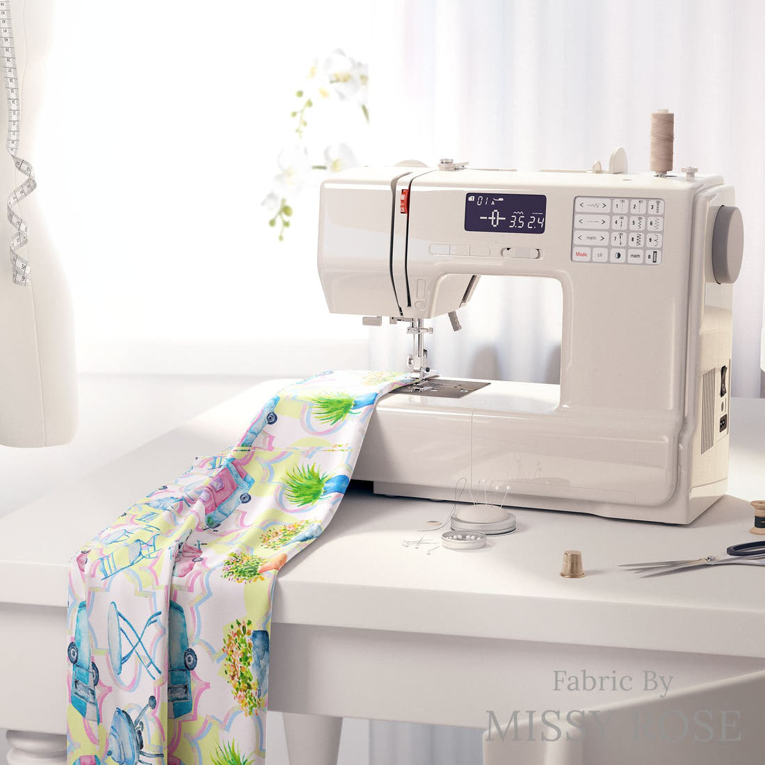 Design 639 Caravan Fabric on a sewing machine – premium fabric for sewing projects | Fabric by Missy Rose