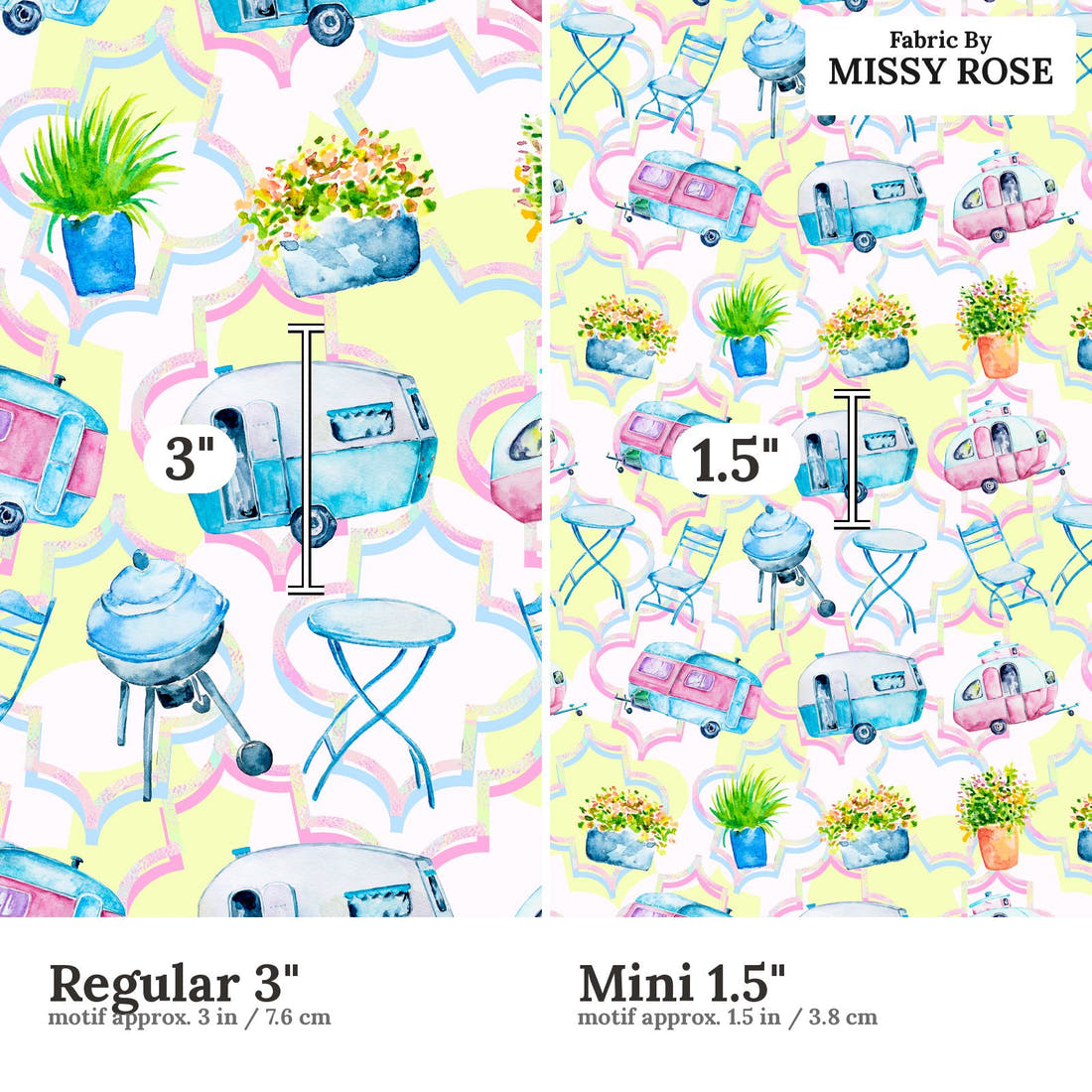 Design 639 Caravan Fabric size comparison - print scale | Fabric by Missy Rose