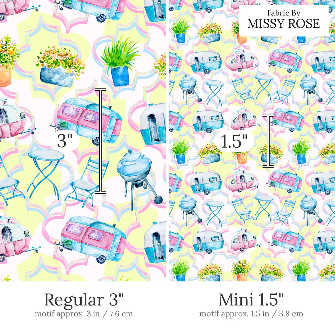 Design 639 Caravan Fabric Regular 3 inch vs Mini 1.5 inch print scale side by side | Fabric by Missy Rose