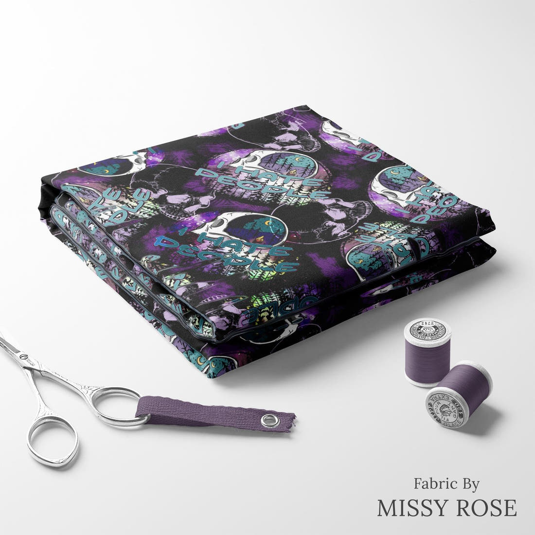 Design 64 Hate People Fabric folded fabric stack with matching thread – pre-order fabric Australia | Fabric by Missy Rose