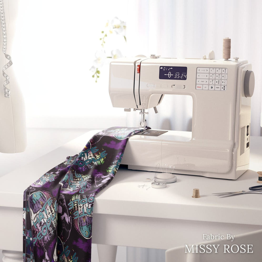 Design 64 Hate People Fabric on a sewing machine – premium fabric for sewing projects | Fabric by Missy Rose