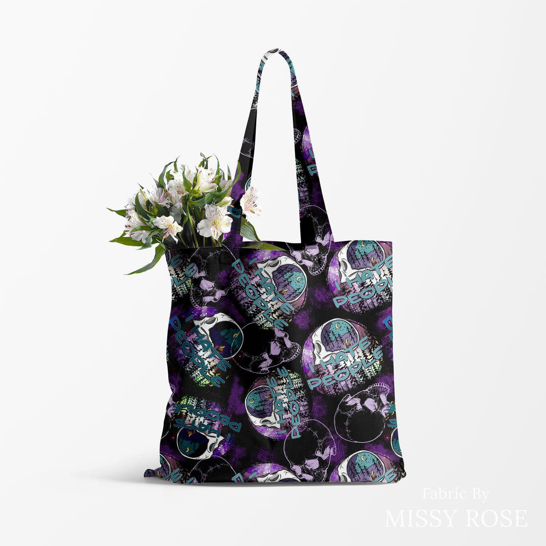 Design 64 Hate People Fabric made up as a tote bag – see how the print looks made up | Fabric by Missy Rose
