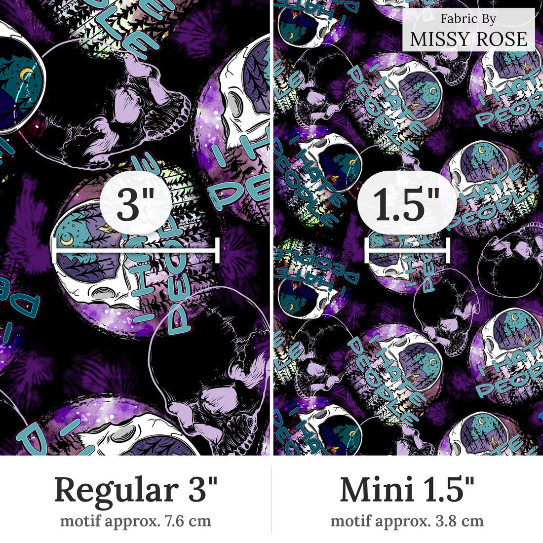 Design 64 Hate People Fabric Regular 3 inch vs Mini 1.5 inch print scale side by side | Fabric by Missy Rose