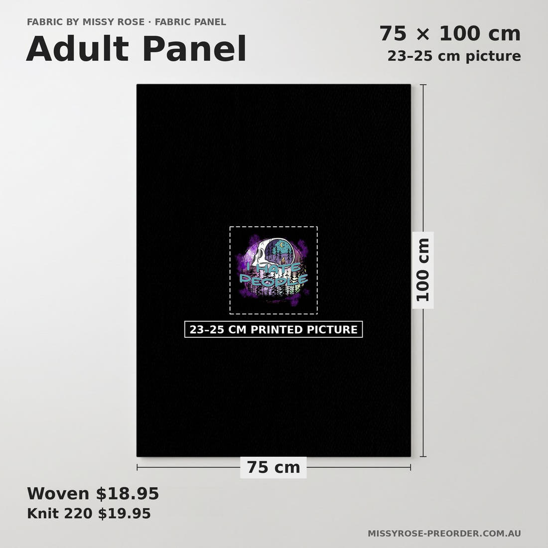 Design 64 Hate People Panel adult panel sizing – 23–25 cm printed picture on 75 × 100 cm fabric | Fabric by Missy Rose