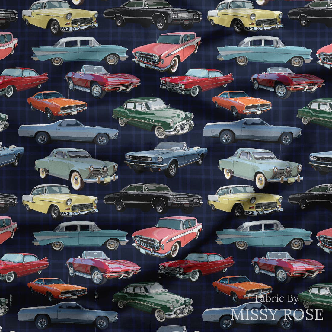 Design 640 Classic Car Fabric draped fabric mockup – custom printed fabric by the metre | Fabric by Missy Rose