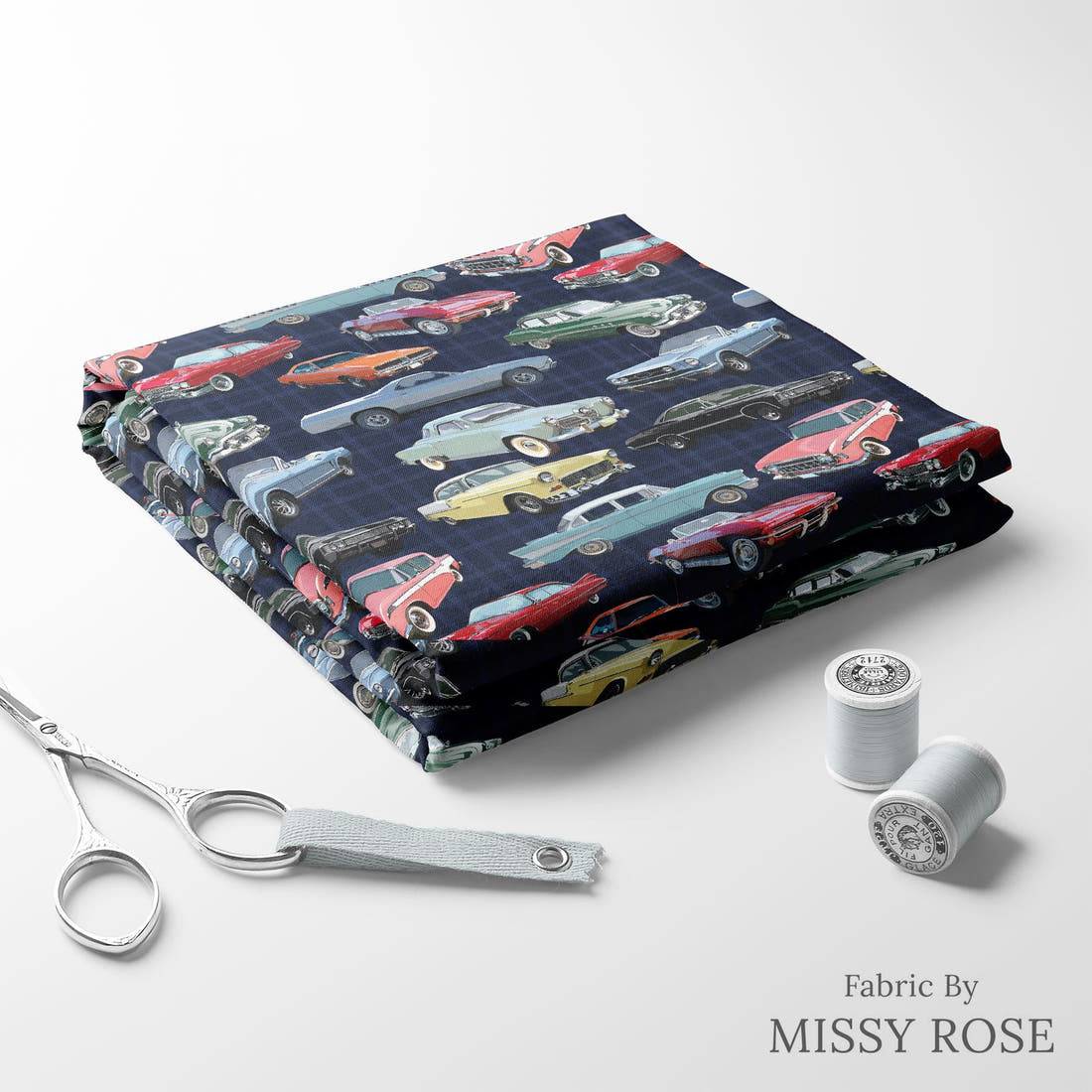 Design 640 Classic Car Fabric folded fabric stack with matching thread – pre-order fabric Australia | Fabric by Missy Rose