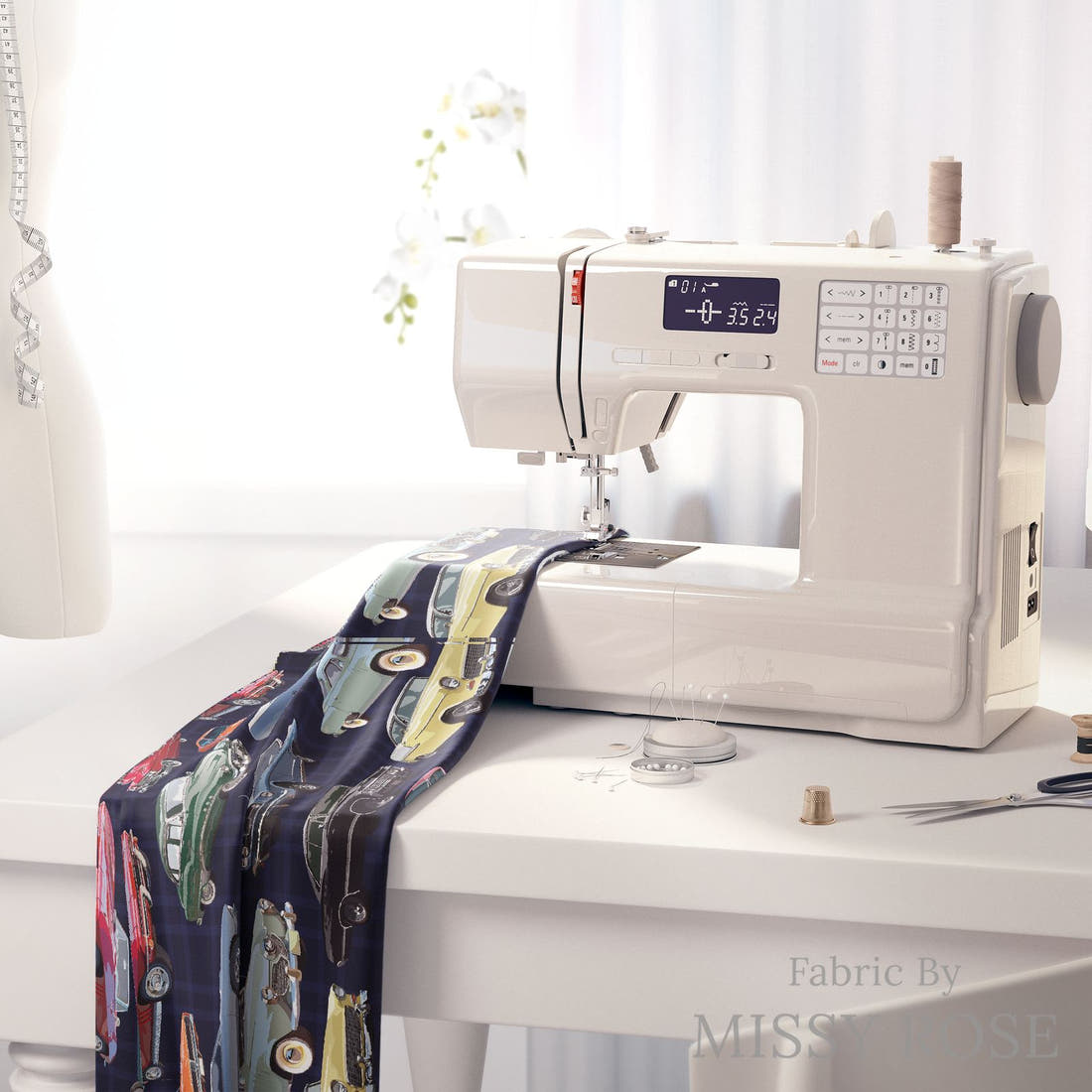 Design 640 Classic Car Fabric on a sewing machine – premium fabric for sewing projects | Fabric by Missy Rose