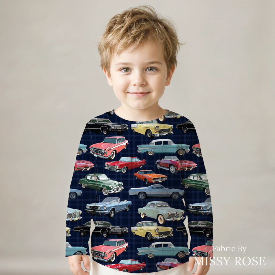 Design 640 Classic Car Fabric sewn into a kids' long sleeve top – see how the print looks made up | Fabric by Missy Rose