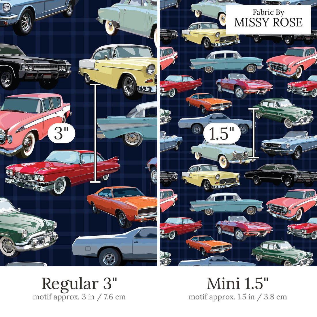 Design 640 Classic Car Fabric Regular 3 inch vs Mini 1.5 inch print scale side by side | Fabric by Missy Rose