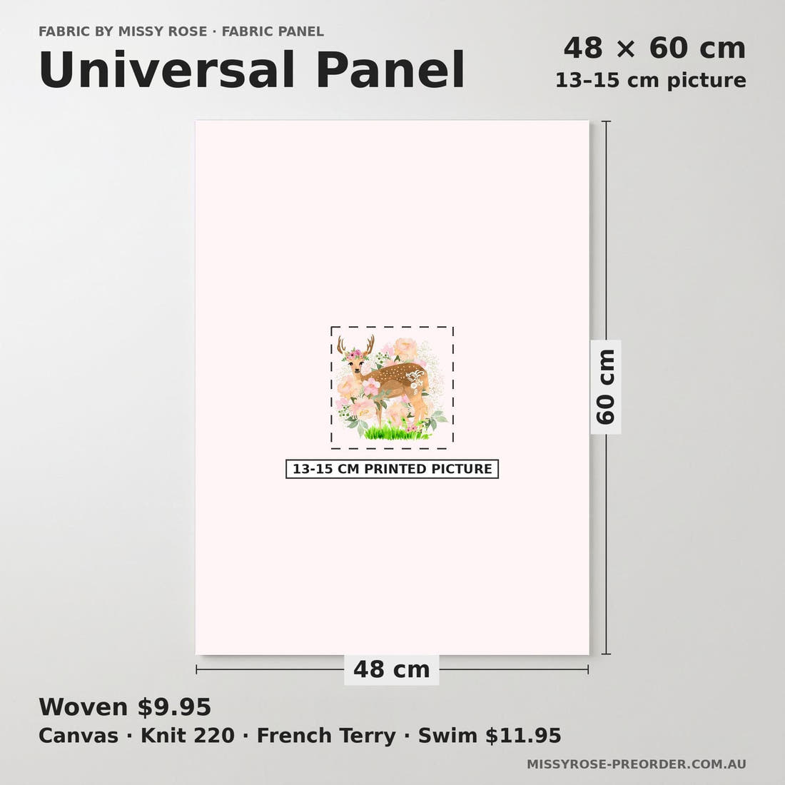 Design 641 Pretty Deer Panel universal panel sizing – 13–15 cm printed picture on 48 × 60 cm fabric | Fabric by Missy Rose
