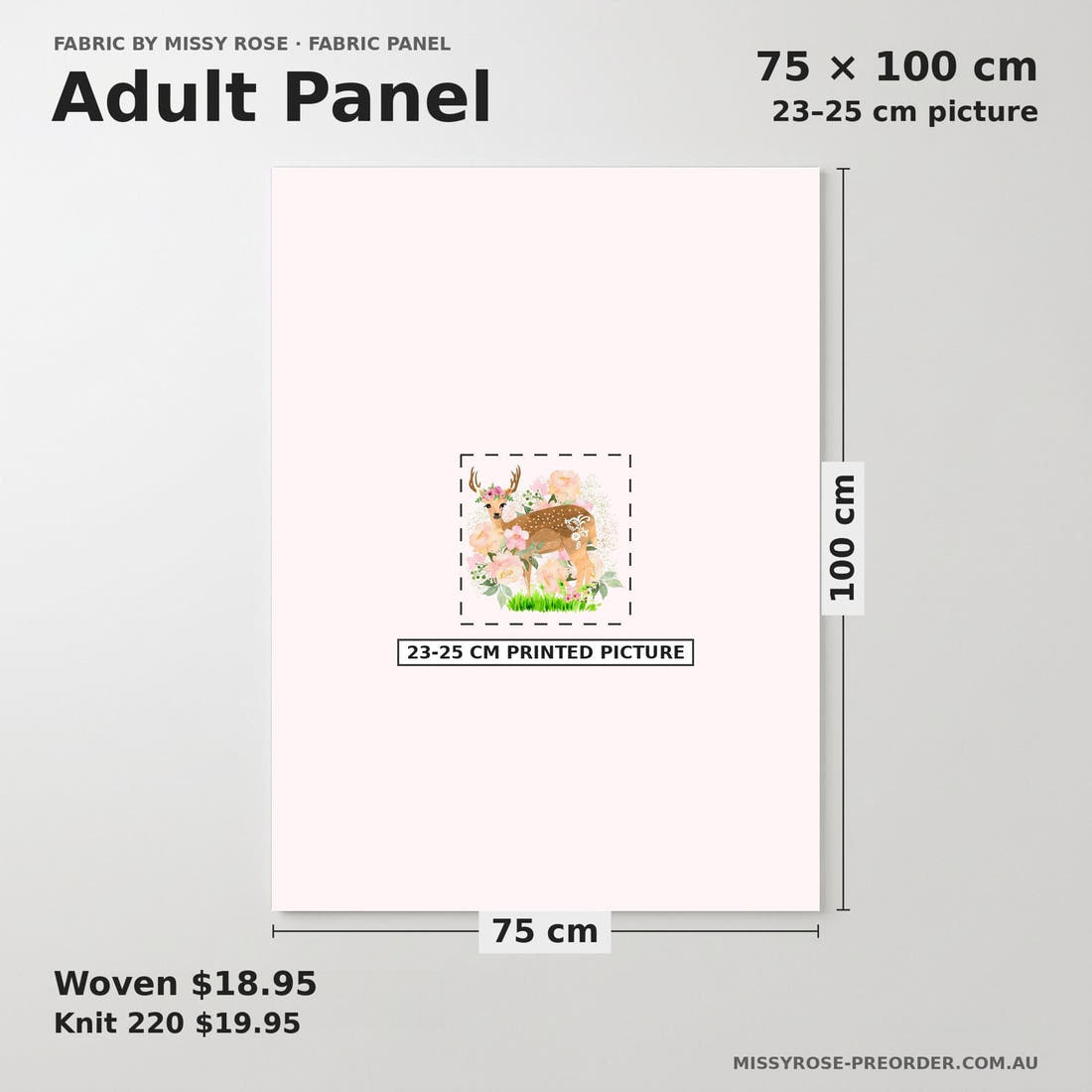 Design 641 Pretty Deer Panel adult panel sizing – 23–25 cm printed picture on 75 × 100 cm fabric | Fabric by Missy Rose