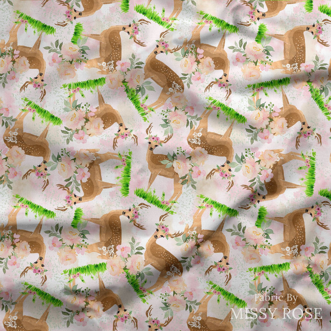 Design 641 Pretty Deer Fabric draped fabric mockup – custom printed fabric by the metre | Fabric by Missy Rose