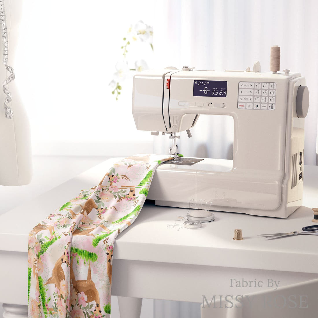 Design 641 Pretty Deer Fabric on a sewing machine – premium fabric for sewing projects | Fabric by Missy Rose
