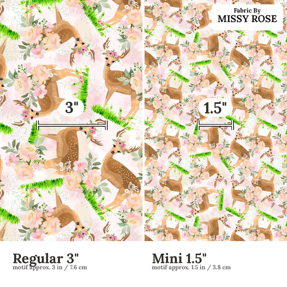 Design 641 Pretty Deer Fabric size comparison - print scale | Fabric by Missy Rose