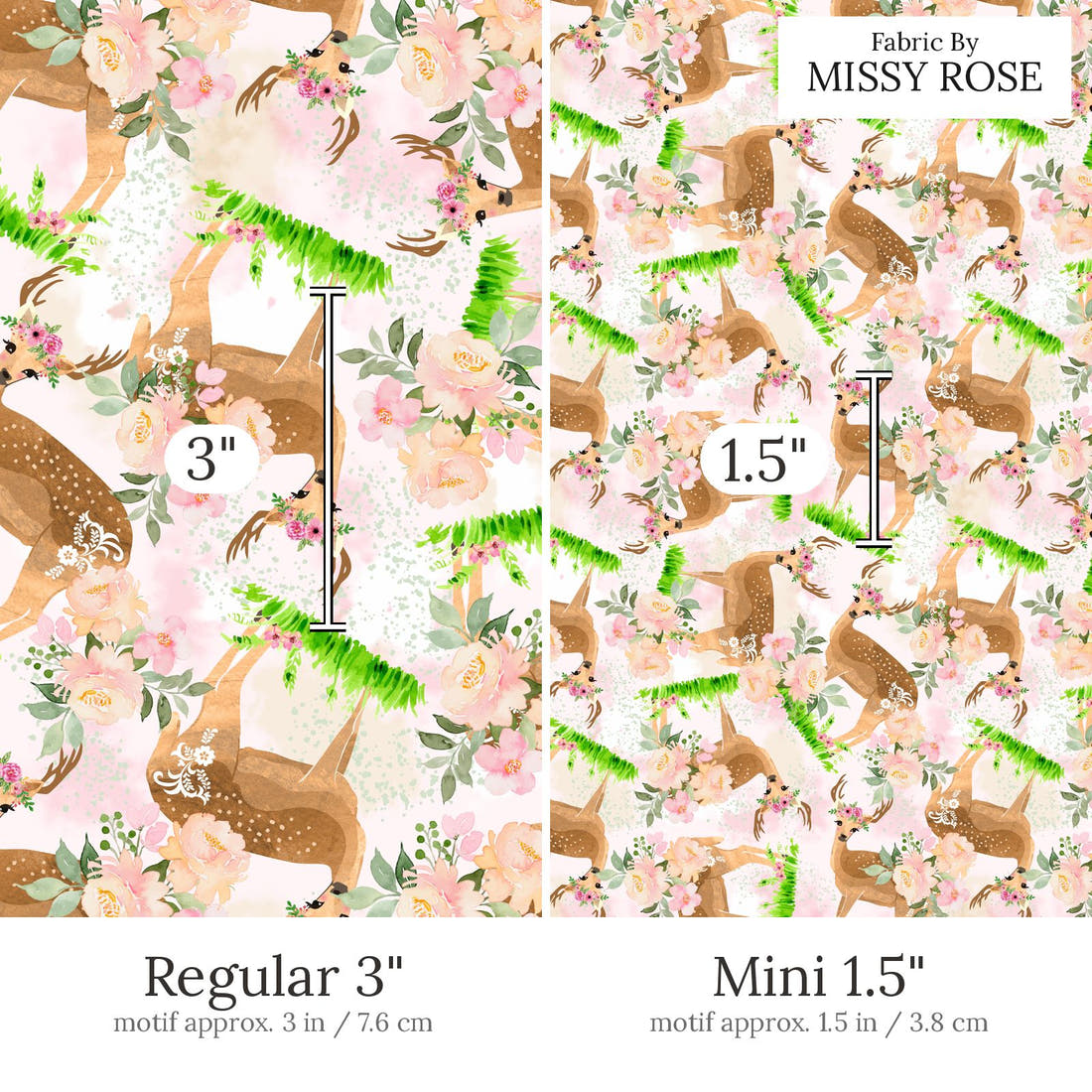 Design 641 Pretty Deer Fabric Regular 3 inch vs Mini 1.5 inch print scale side by side | Fabric by Missy Rose