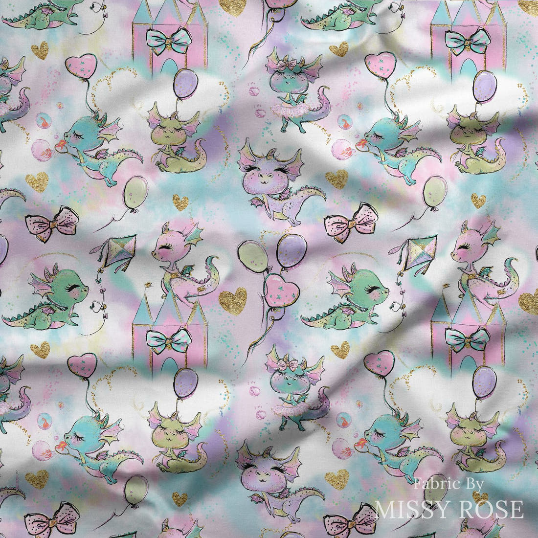 Design 642 Cute Purple Dragons Fabric draped fabric mockup – custom printed fabric by the metre | Fabric by Missy Rose
