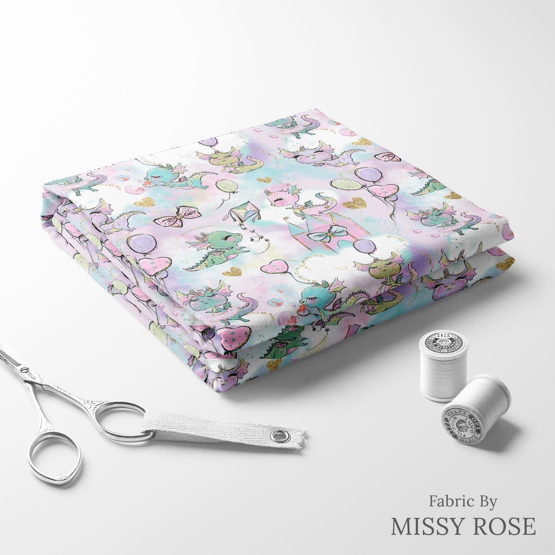 Design 642 Cute Purple Dragons Fabric folded fabric stack with matching thread – pre-order fabric Australia | Fabric by Missy Rose