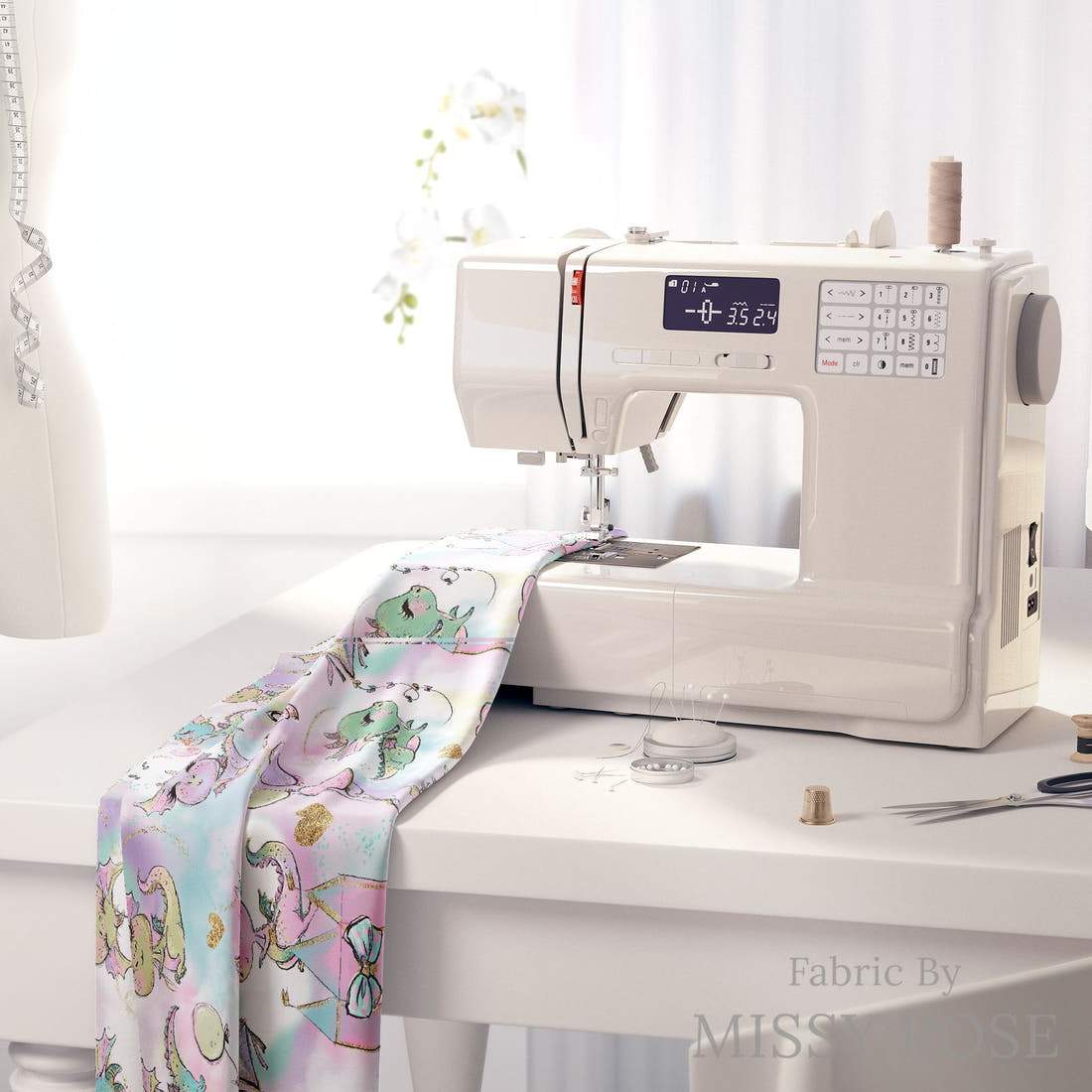 Design 642 Cute Purple Dragons Fabric on a sewing machine – premium fabric for sewing projects | Fabric by Missy Rose