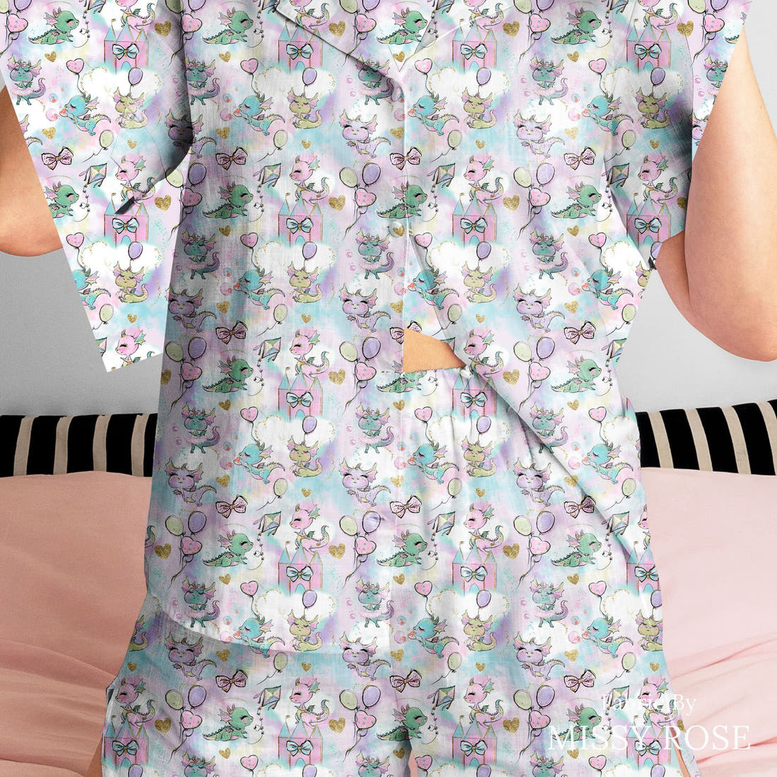 Design 642 Cute Purple Dragons Fabric sewn into a women's pyjama set – see how the print looks made up | Fabric by Missy Rose