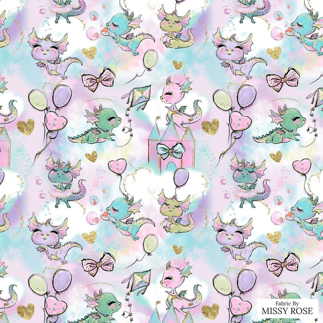 Design 642 Cute Purple Dragons Fabric - flat view of the print, zoom in for detail | Fabric by Missy Rose