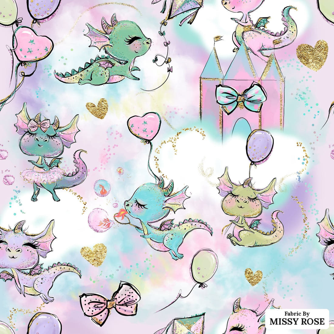 Design 642 Cute Purple Dragons Fabric - flat view of the print, zoom in for detail | Fabric by Missy Rose