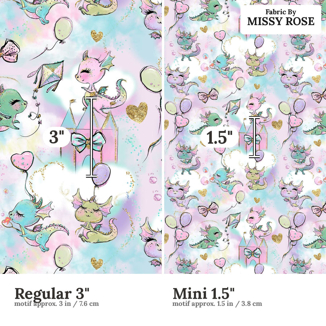 Design 642 Cute Purple Dragons Fabric size comparison - print scale | Fabric by Missy Rose