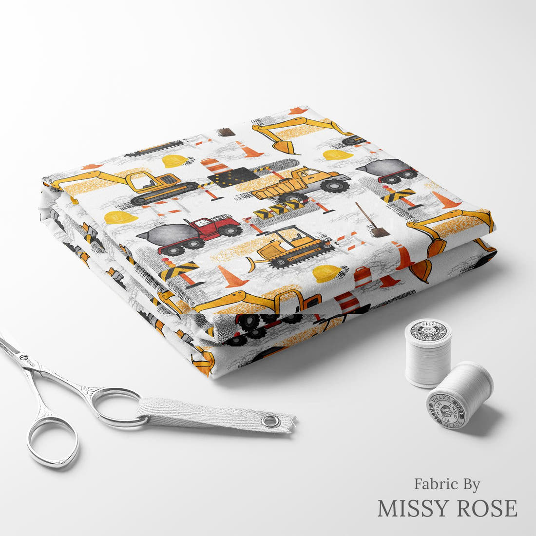 Design 643 Construction Fabric folded fabric stack with matching thread – pre-order fabric Australia | Fabric by Missy Rose
