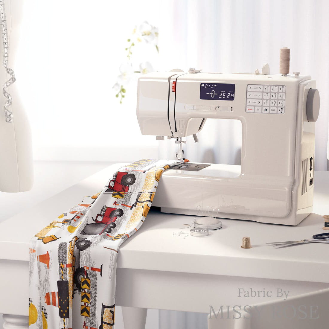 Design 643 Construction Fabric on a sewing machine – premium fabric for sewing projects | Fabric by Missy Rose