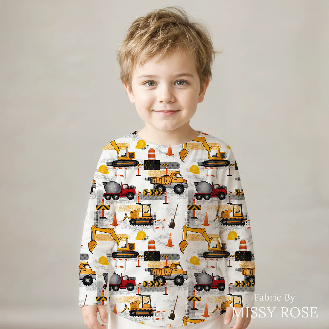 Design 643 Construction Fabric sewn into a kids' long sleeve top – see how the print looks made up | Fabric by Missy Rose