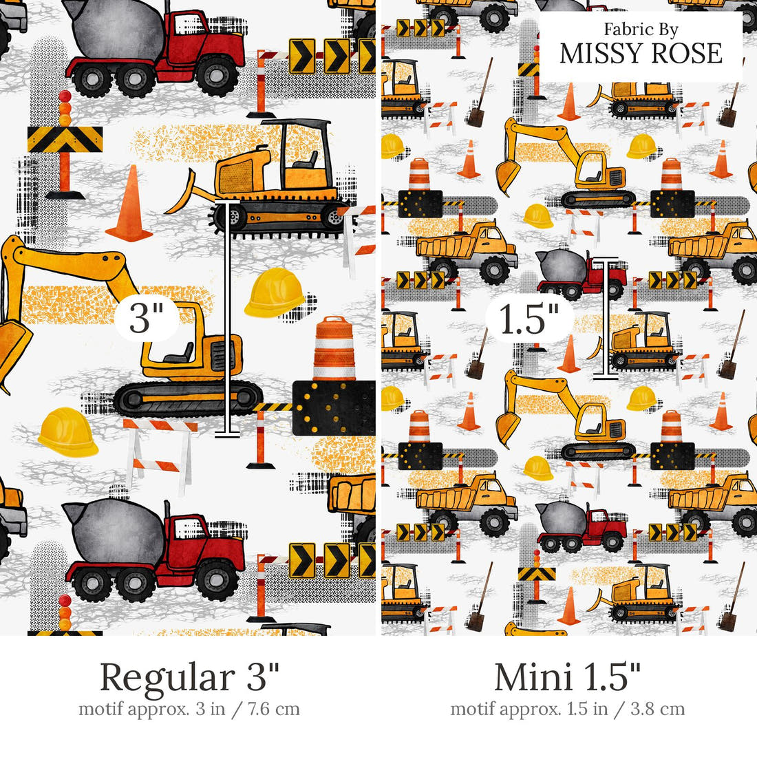 Design 643 Construction Fabric Regular 3 inch vs Mini 1.5 inch print scale side by side | Fabric by Missy Rose