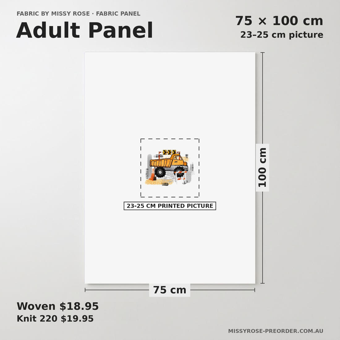 Design 643 Construction Panel adult panel sizing – 23–25 cm printed picture on 75 × 100 cm fabric | Fabric by Missy Rose