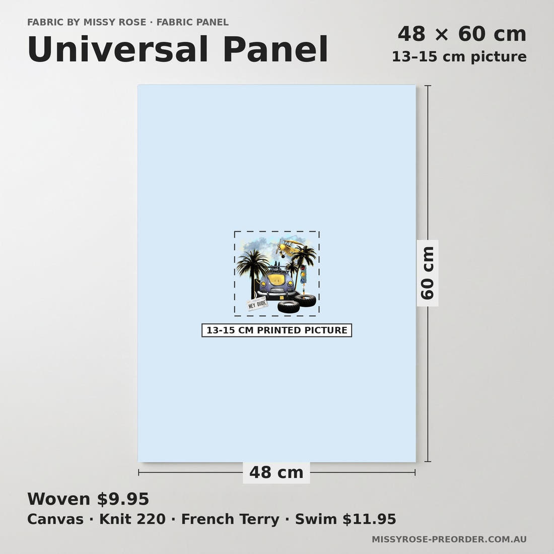 Design 644 Tropical Transport Panel universal panel sizing – 13–15 cm printed picture on 48 × 60 cm fabric | Fabric by Missy Rose