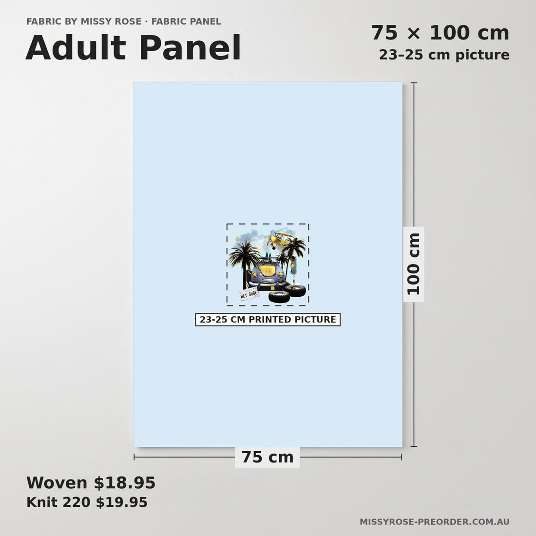 Design 644 Tropical Transport Panel adult panel sizing – 23–25 cm printed picture on 75 × 100 cm fabric | Fabric by Missy Rose