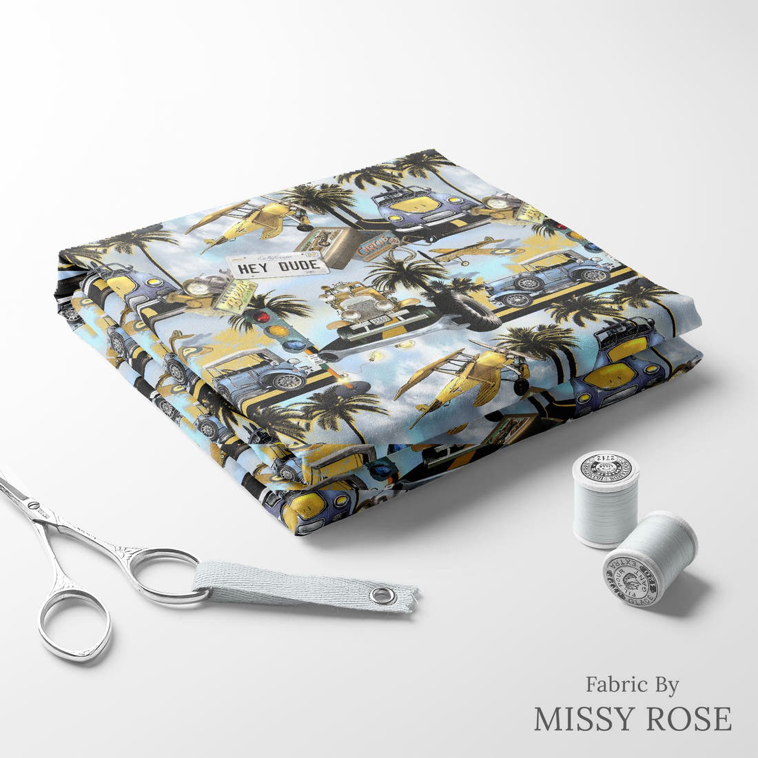 Design 644 Tropical Transport Fabric folded fabric stack with matching thread – pre-order fabric Australia | Fabric by Missy Rose