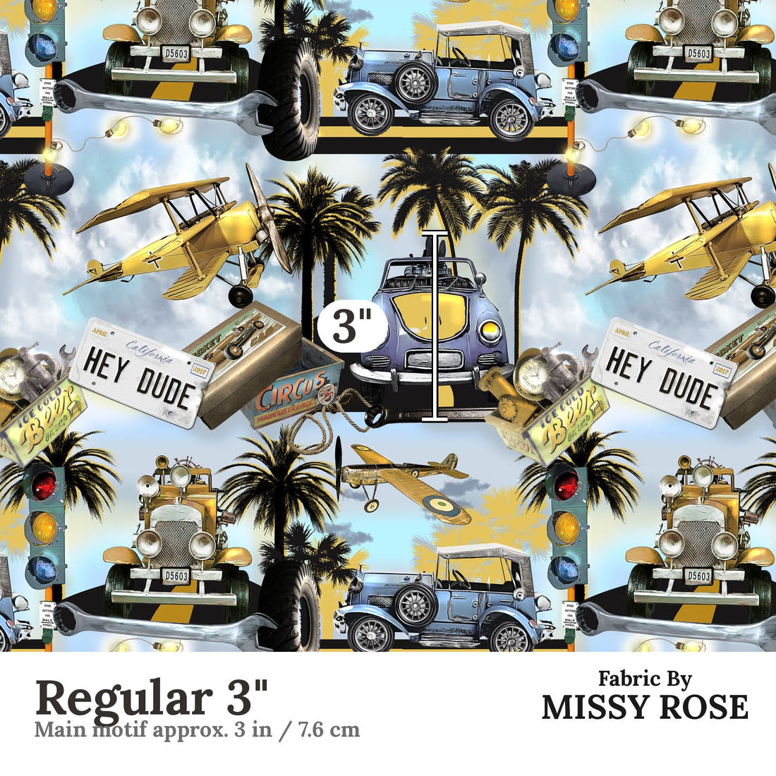 Design 644 Tropical Transport Fabric Regular 3" - print scale | Fabric by Missy Rose