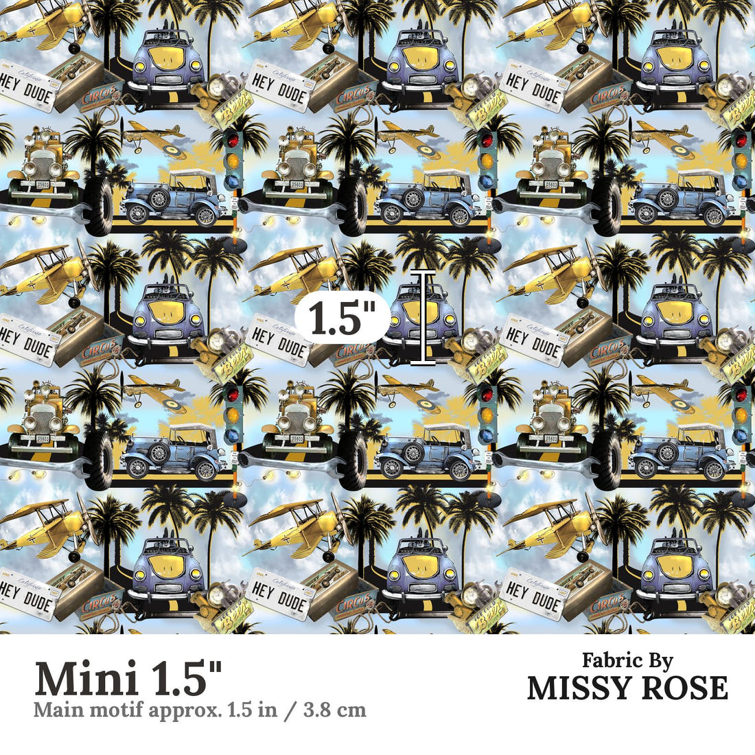 Design 644 Tropical Transport Fabric Mini 1.5" - print scale | Fabric by Missy Rose