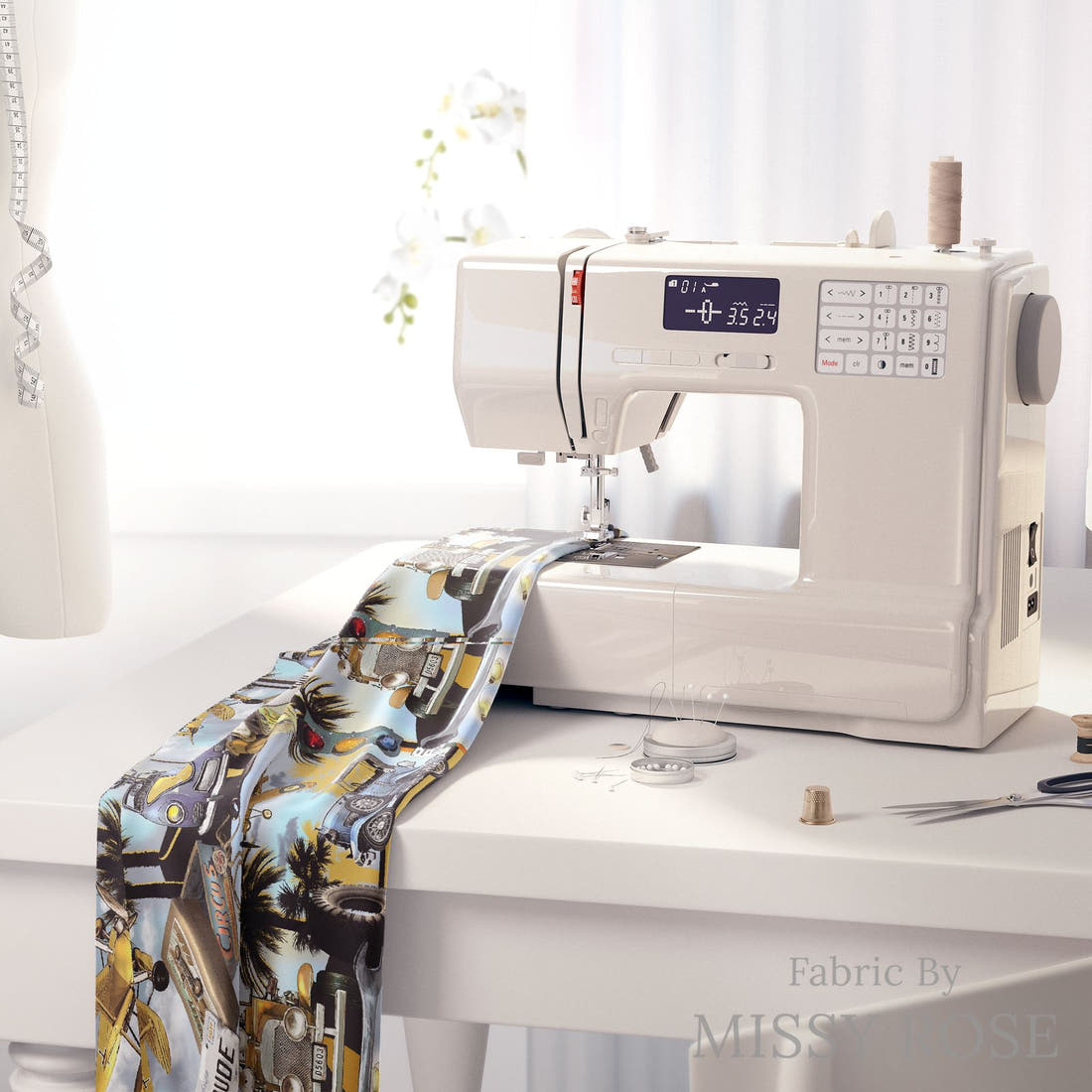Design 644 Tropical Transport Fabric on a sewing machine – premium fabric for sewing projects | Fabric by Missy Rose