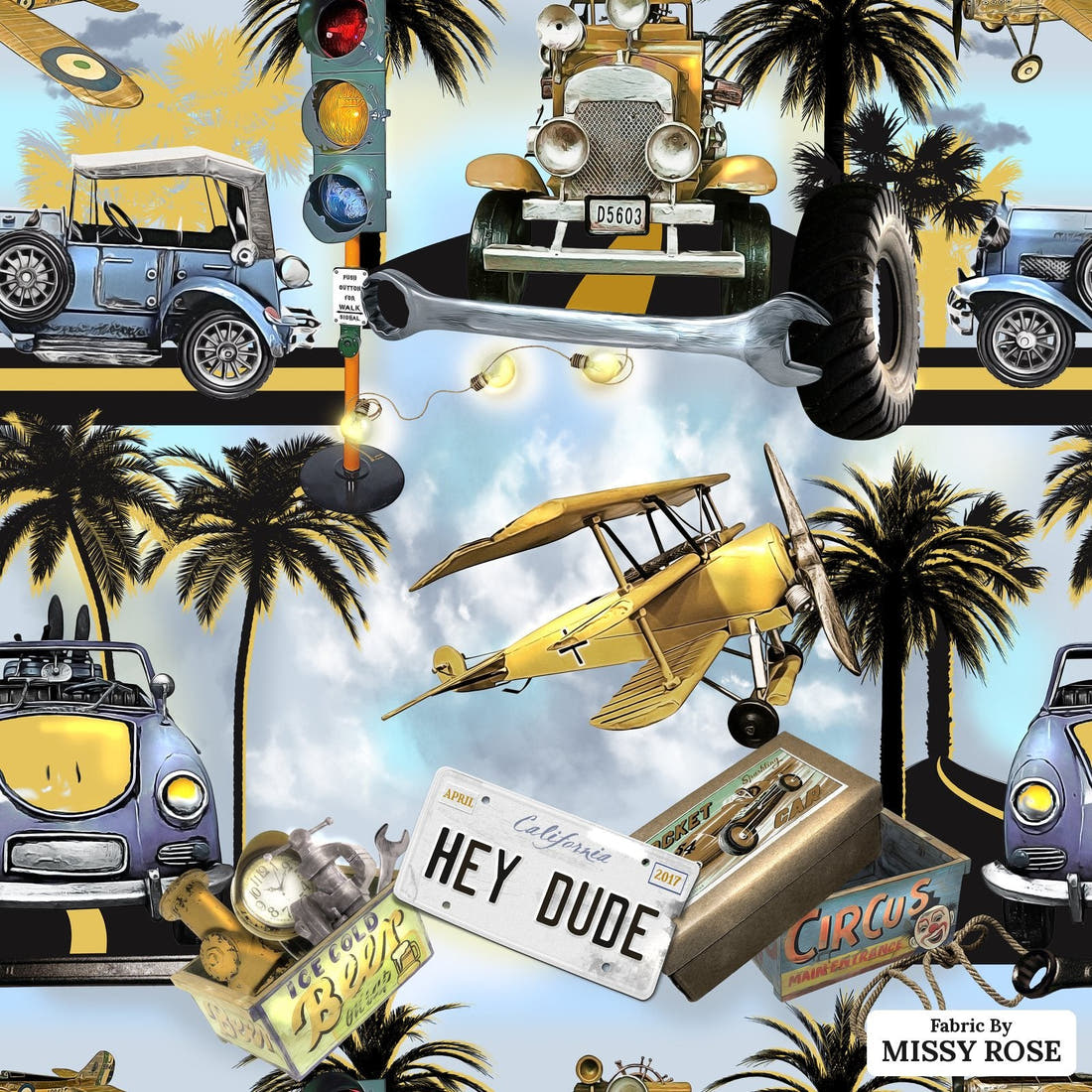 Design 644 Tropical Transport Fabric - flat view of the print, zoom in for detail | Fabric by Missy Rose