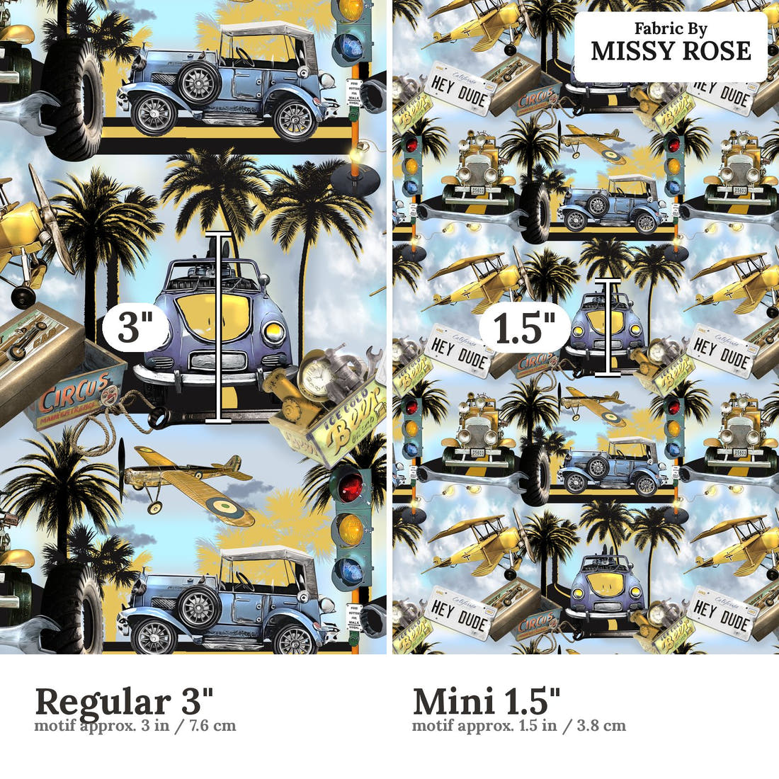 Design 644 Tropical Transport Fabric size comparison - print scale | Fabric by Missy Rose