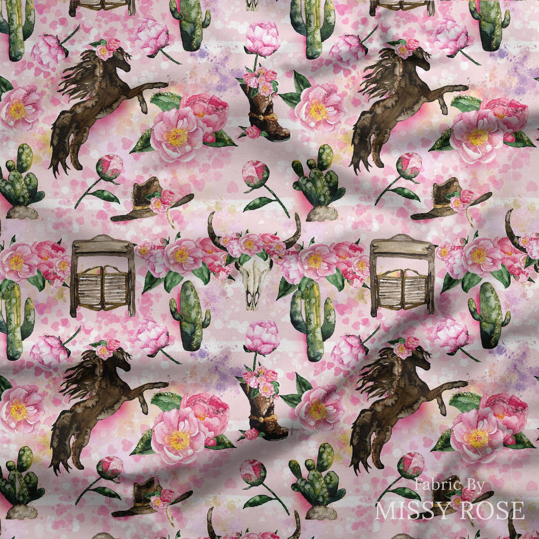 Design 645 Pink Horse Fabric draped fabric mockup – custom printed fabric by the metre | Fabric by Missy Rose