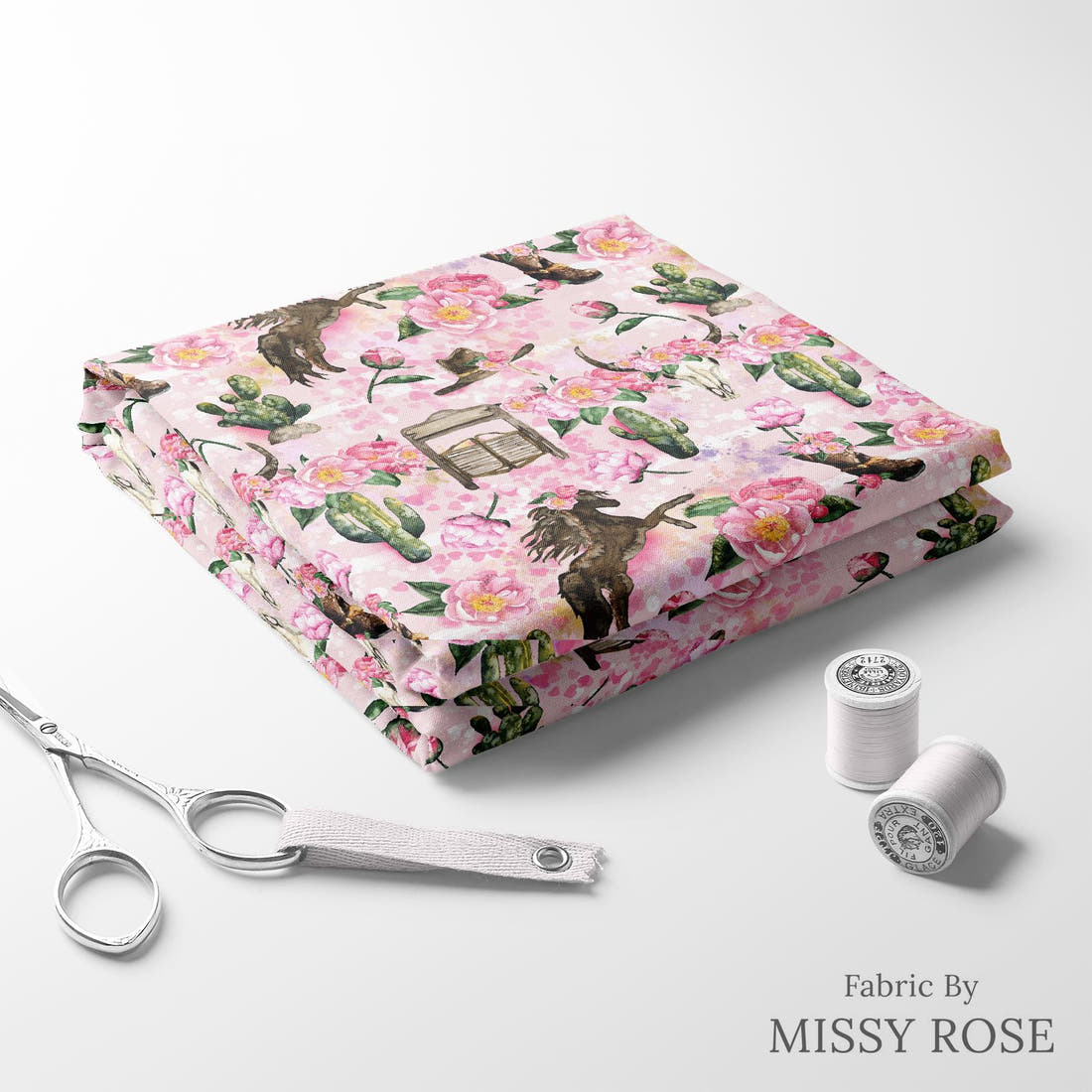 Design 645 Pink Horse Fabric folded fabric stack with matching thread – pre-order fabric Australia | Fabric by Missy Rose