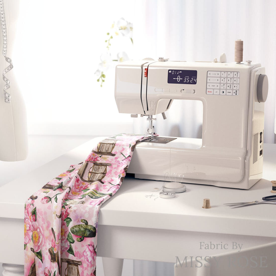 Design 645 Pink Horse Fabric on a sewing machine – premium fabric for sewing projects | Fabric by Missy Rose